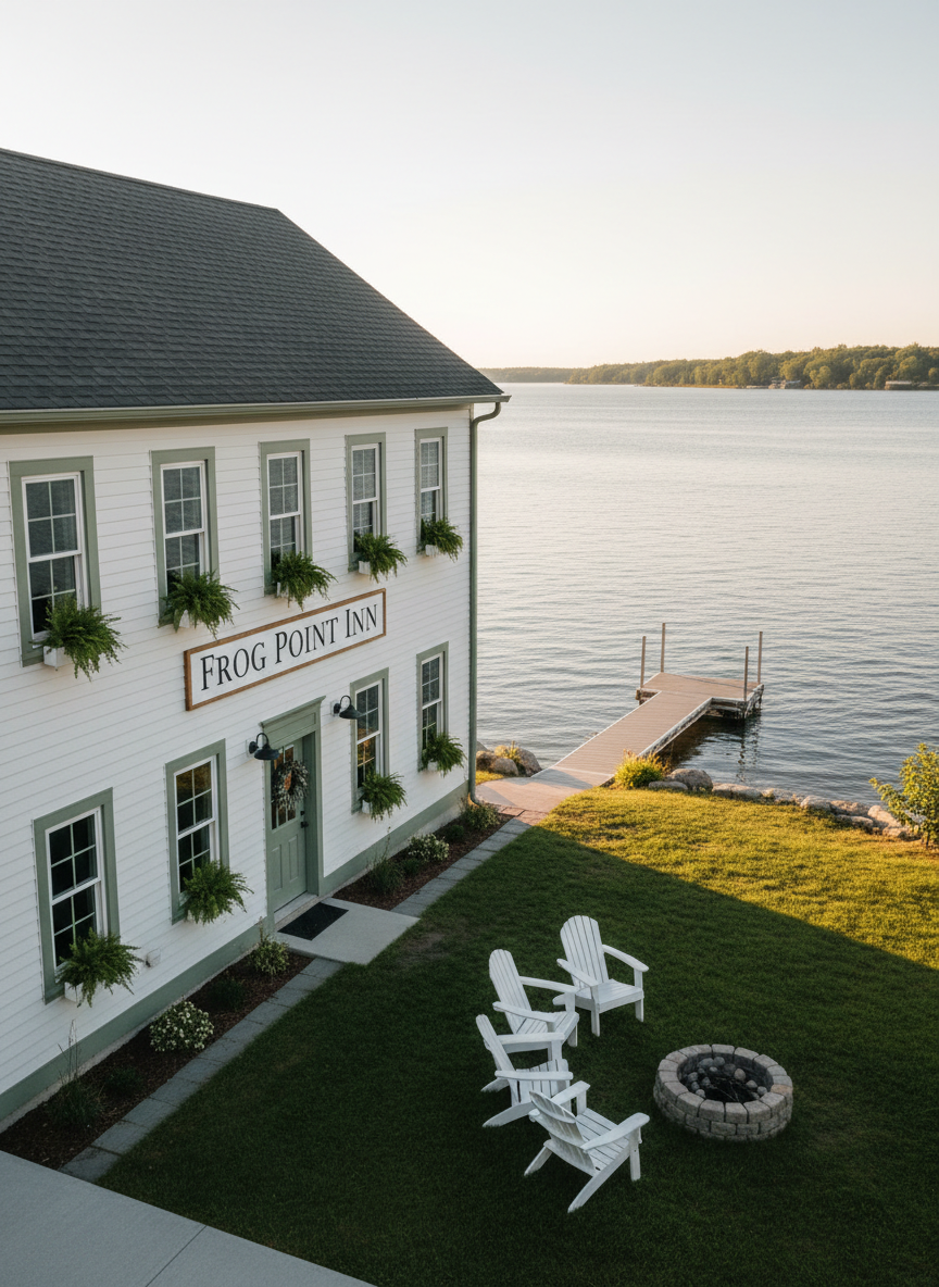 An exterior riverside view of Frog Point Inn, a charming five-room boutique motel with freshly painted soft white siding, muted green trim, and a simple, elegant sign reading “Frog Point Inn.” The building sits close to the scenic St. Clair River, with calm blue water and a distant shoreline in the background. Adirondack-style chairs are neatly arranged on a small lawn leading to the river’s edge. Warm golden hour sunlight illuminates the façade, casting long, gentle shadows and highlighting the clean lines of the renovation. Captured in photographic realism from a slightly elevated angle, the atmosphere feels peaceful, welcoming, and quietly luxurious.