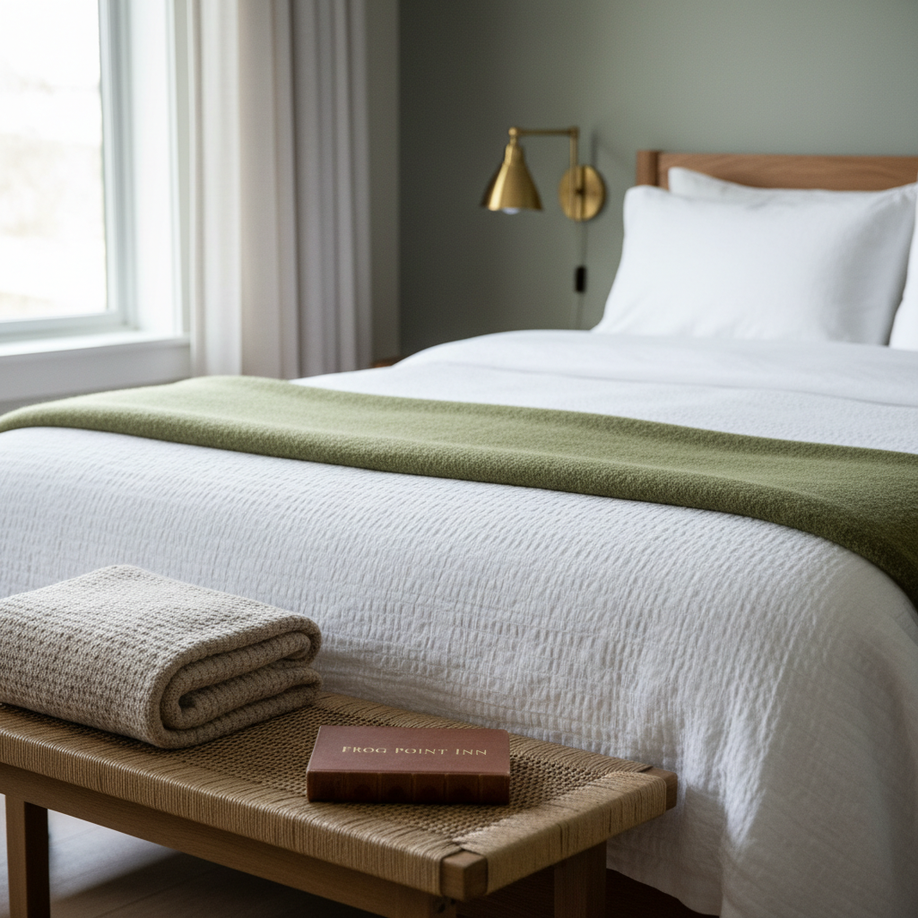 A meticulously made bed in one of Frog Point Inn’s boutique rooms, dressed in crisp white linens with a quilted texture, accented by a moss-green wool throw folded at the foot. A narrow wooden bench sits at the end of the bed, displaying a neatly folded knit blanket and a small, leather-bound guest information book embossed with the inn’s name. The bedside wall features a simple sconce with warm, soft light complementing the cool, natural daylight streaming through a nearby window. Photographic realism with a slightly angled composition, emphasizing the details of the textiles and the understated, professional comfort of the space. The mood is calm, clean, and quietly luxurious.