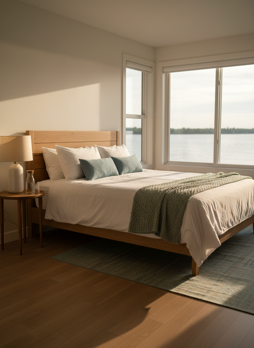 A freshly renovated boutique motel guest room at Frog Point Inn, featuring a neatly made queen bed with crisp white linens, a textured sage-green throw, and a pair of soft river-blue accent pillows. The bed stands against a light oak headboard with subtle panel detailing. Beside it, a small round wooden side table holds a simple ceramic lamp and a glass carafe of water. Large windows reveal a softly blurred view of the St. Clair River. Late afternoon natural light fills the room, creating gentle shadows and a calm, inviting glow. Photographic realism, eye-level composition, with a shallow depth of field emphasizing the cozy, professional ambiance.