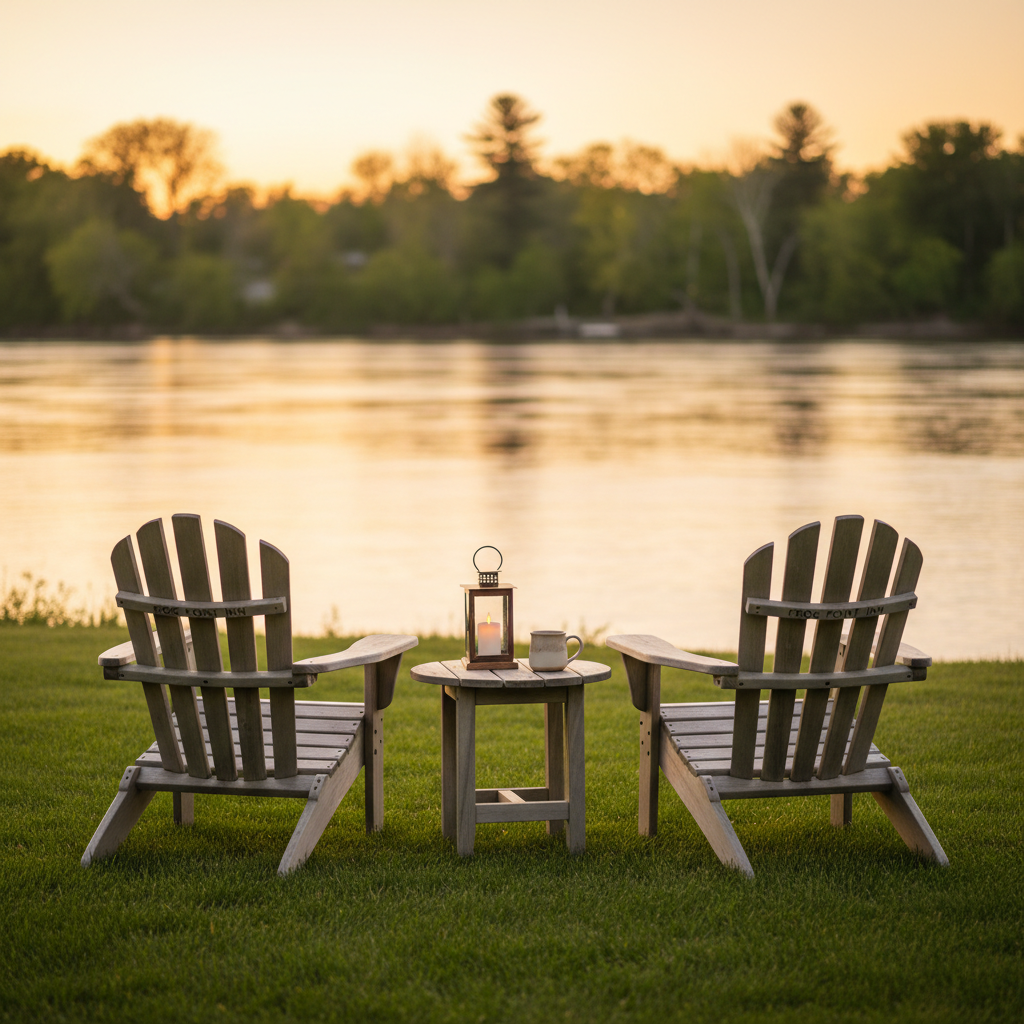 A tranquil riverside seating area at Frog Point Inn, showcasing two weathered light-gray wooden chairs and a small matching side table positioned on a neatly kept grassy bank overlooking the St. Clair River. A simple lantern and a ceramic mug rest on the table, while the river flows calmly in the background with a distant shoreline of soft trees. Early evening light casts a warm, golden glow over the scene, with gentle reflections on the water’s surface. Photographic realism, composed using the rule of thirds, conveying serenity, comfort, and the inn’s intimate connection to its scenic waterfront setting.