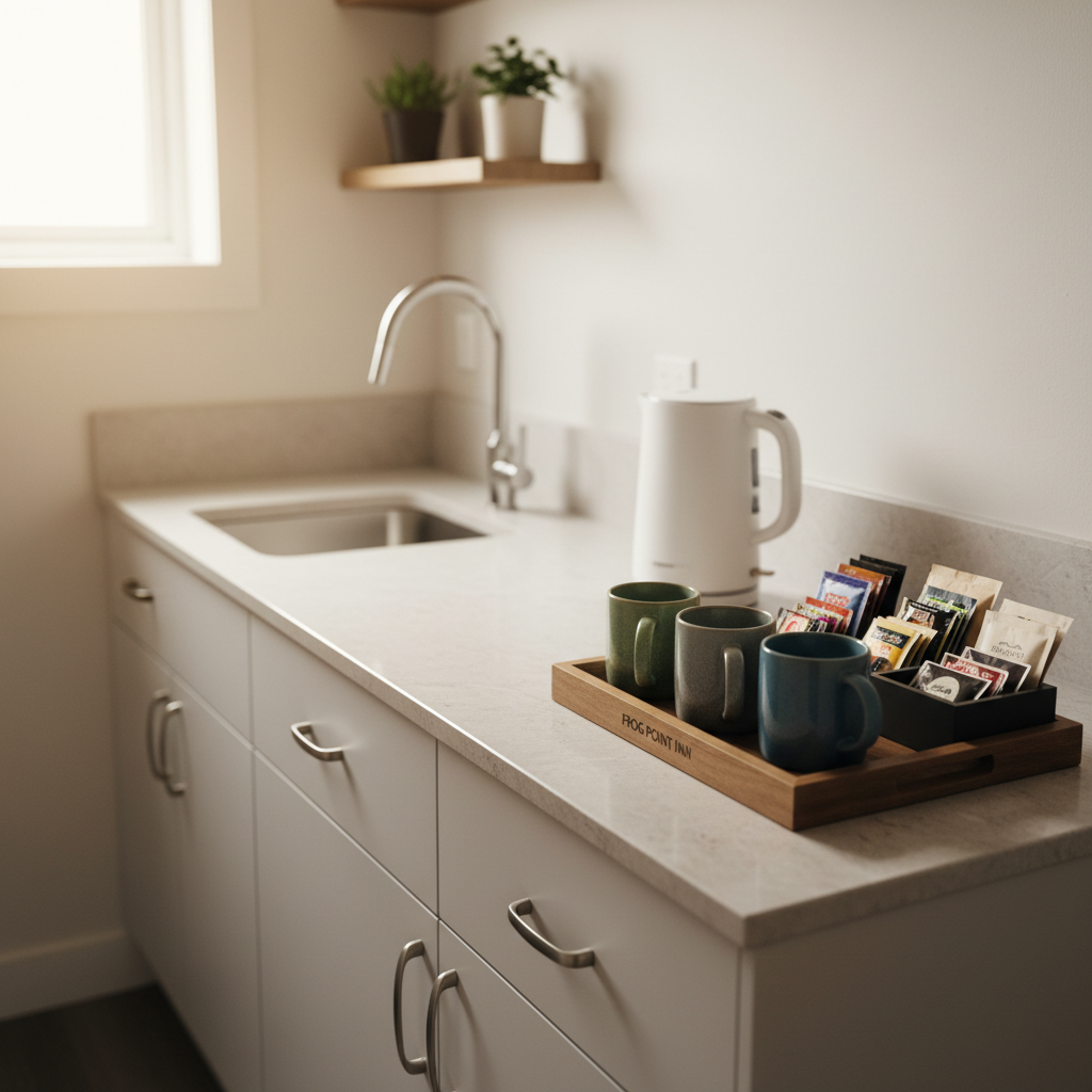 A bright, compact kitchenette area in Frog Point Inn, featuring matte white cabinetry with brushed nickel hardware, a light stone countertop, and a small stainless-steel sink. On the counter, a modern electric kettle, a tray with neatly arranged ceramic mugs in muted river tones, and a selection of premium tea and coffee packets are displayed. Soft morning light enters from a small window, creating gentle highlights on the hardware and a clean, professional ambiance. Photographic realism, shot from a slightly elevated angle to show the entire setup, with sharp focus and a minimal, tidy background that emphasizes convenience and thoughtful amenities for guests.