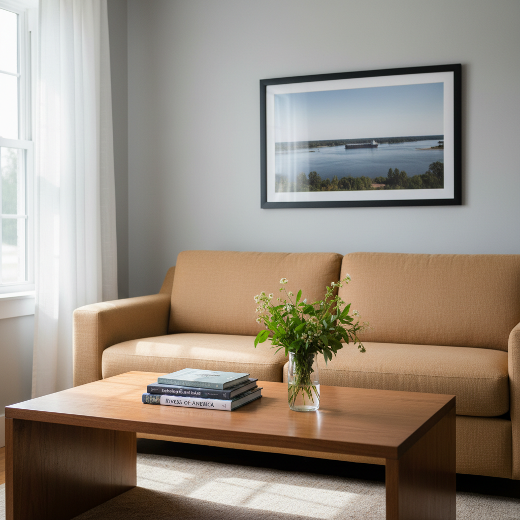 A cozy lounge corner inside Frog Point Inn, showing a low-profile linen sofa in a warm sand tone, paired with a solid wood coffee table displaying a curated stack of travel books and a small vase of fresh local greenery. Behind the sofa, a large framed photograph of the St. Clair River hangs on a soft dove-gray wall. Natural daylight filters through a nearby window, creating soft, diffused light and subtle reflections on the table’s surface. The mood is serene and professional, ideal for quiet reading or planning the day. Shot at eye level in photographic realism, with a balanced composition and gentle background blur for an intimate, inviting feel.